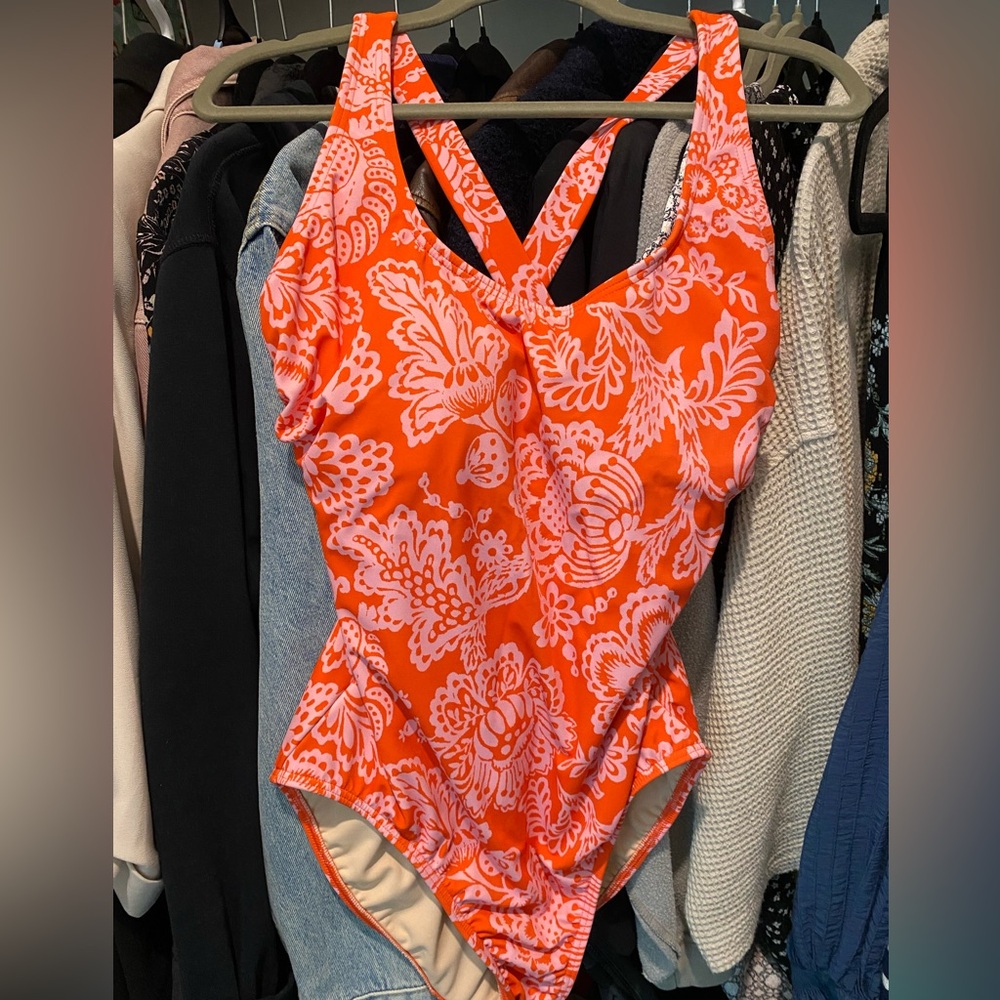 Lands' End Neon Orange Floral Cross-Back One-Piece